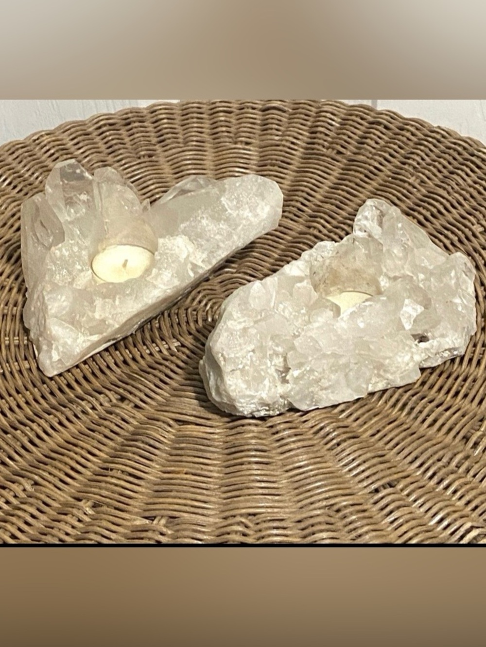 Pair of Natural Clear Quartz Crystal Cluster candle holders